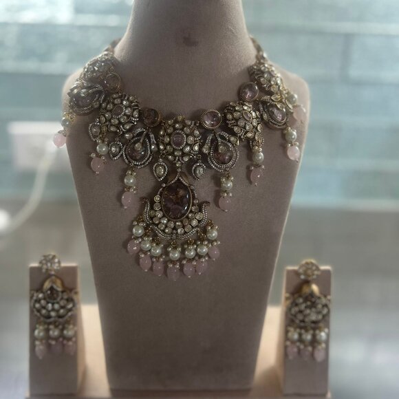 Kundan Polki Choker Necklace Set: Indian Bridal Jewelry with Pearl Drops - Picture 9 of 16